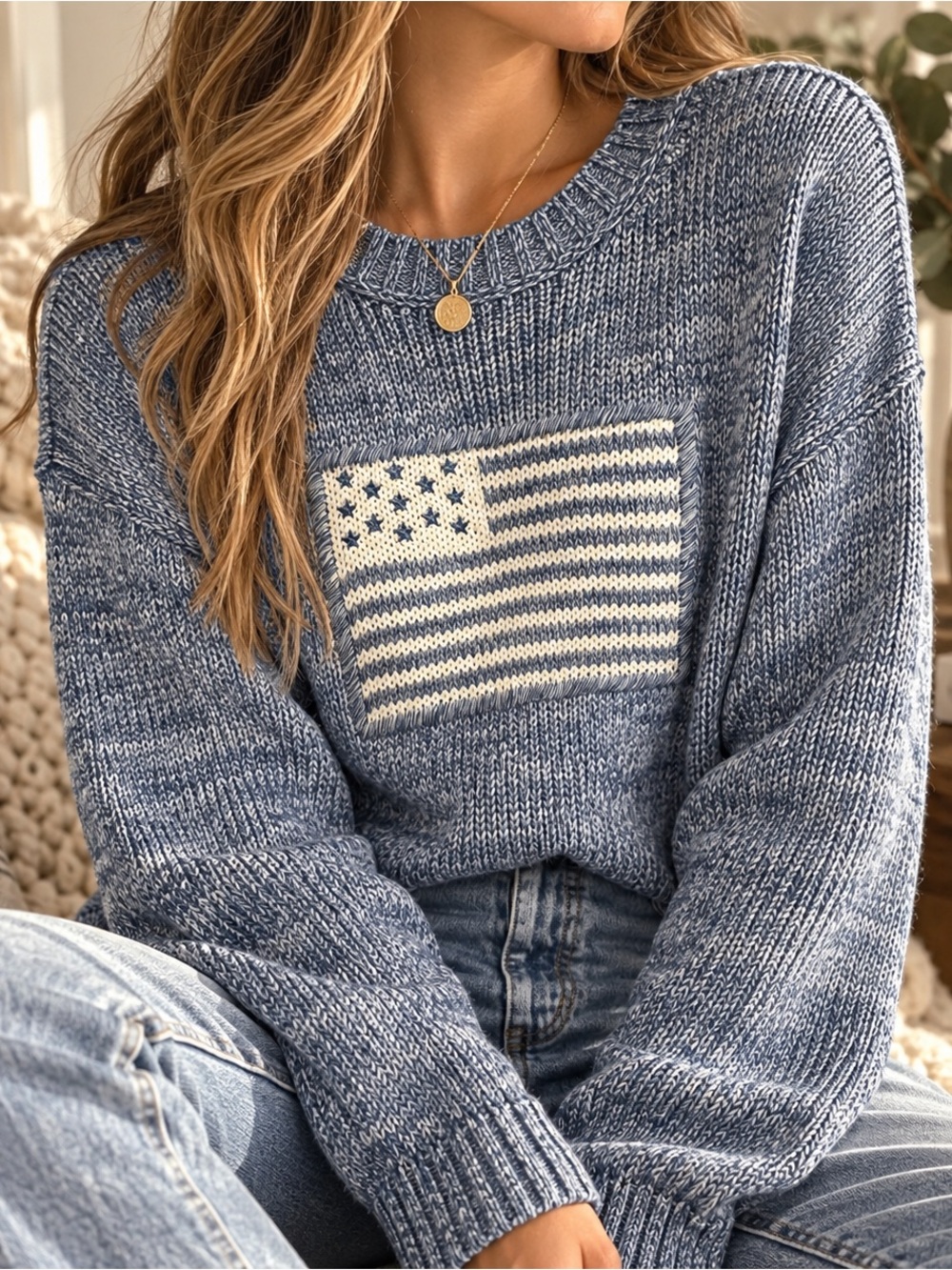 Marled Blue Knit Sweater with Cream Flag Patch